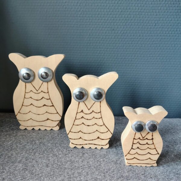 Set van 3 houten uilen